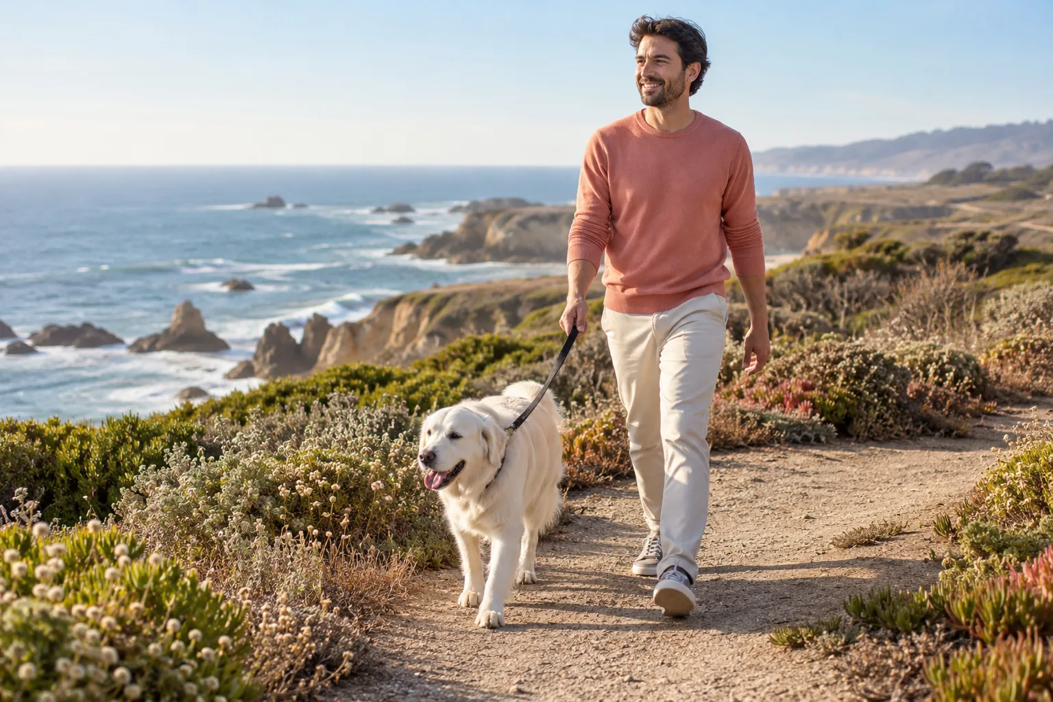 A man walking a white dog on a coastal path